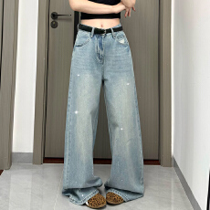 批发实拍~~2026春季新款设计感磨破烫钻阔腿裤休闲百搭浅蓝色<b class='q'>牛仔裤</b>
