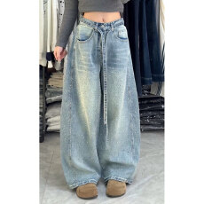 批发美式复古抽绳设计感<b class='q'>镶钻</b><b class='q'>牛仔裤</b>女2026满钻宽松显瘦阔腿拖地裤