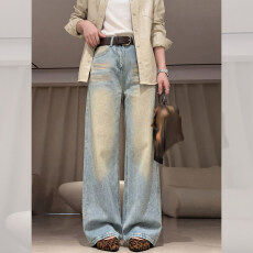 批发奈由由蓝色美式复古做旧烫钻<b class='q'>牛仔裤</b>女春季宽松直筒<b class='q'>休闲</b>大码阔腿裤