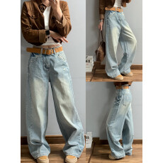 批发美式高街满天星牛仔<b class='q'>裤</b>女高腰显瘦阔腿长<b class='q'>裤</b>设计感拖地2026新款