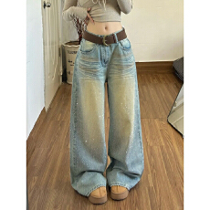 2026年春季复古喷色水钻满天星直筒牛仔裤辣妹风百搭时髦精
