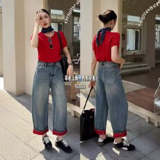 批发国潮新中式翻边刺绣宽松无弹牛仔阔腿弯刀<b class='q'>裤</b>2026春款