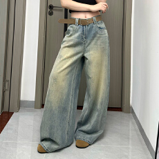 实拍~~2026早春做旧工艺阔腿牛仔裤烫钻磨破设计牛仔裤女