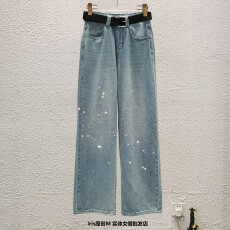 批发欧制OUZHI贴<b class='q'>镶钻</b><b class='q'>牛仔裤</b>亮钻阔腿直筒裤宽松高腰休闲桶裤春秋61682