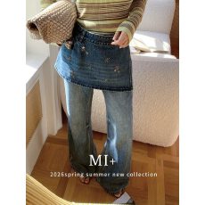 批发深圳南油2026春季新款设计感<b class='q'>钉珠</b>腰封高腰屁帘直筒<b class='q'>牛仔裤</b>显瘦长裤