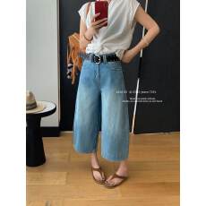 批发DM7291休闲复古蓝色高腰阔腿<b class='q'>牛仔</b>裤<b class='q'>女</b>2026春夏韩系宽松遮垮七分裤