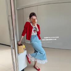 批发OUZHI欧制蕾丝花边牛仔裙女2026春<b class='q'>夏</b>新款高腰显瘦梦幻中长裙3073