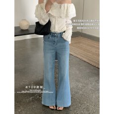 批发TOP原创四面弹直筒<b class='q'>微喇</b><b class='q'>牛仔裤</b>女春季新款高腰不贴腿喇叭裤61671#