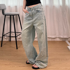 批发实拍~~<b class='q'>钉珠</b>烫钻<b class='q'>牛仔裤</b>女2026春季流行新款高腰时尚百搭阔腿裤