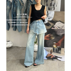 批发春<b class='q'>夏</b>TOP欧制9170韩版洋气百搭毛边裙摆水洗假两件屁帘喇叭牛仔裤