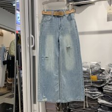 批发恒木子2151欧货春夏新款韩版高腰宽松个性水洗破洞阔<b class='q'>腿</b>牛仔长<b class='q'>裤</b>女