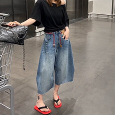 批发美式复古阔腿牛仔<b class='q'>裤</b>女2026夏季新款高腰宽松显瘦大码毛边七分<b class='q'>裤</b>子