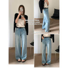 TOP 欧制-拖地亮闪闪精致随身而动阔腿裤牛仔裤配腰带61681浅兰