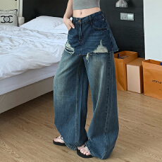 实拍~~2026春夏牛仔裤女高腰假两件屁帘宽松阔腿拖地裤