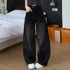 批发实拍~~美式水洗黑灰色阔腿牛仔<b class='q'>裤</b>女春夏新款烫钻高腰<b class='q'>显瘦</b>做旧长<b class='q'>裤</b>