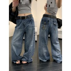 批发满天星烫钻高腰阔腿<b class='q'>牛仔裤</b>女春季美式复古宽松显瘦休闲直筒拖地裤