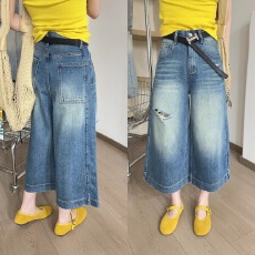 批发欧洲站2026春夏新款<b class='q'>韩版</b>时尚配腰带直筒磨破<b class='q'>牛仔裤</b>洋气百搭七分裤