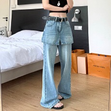 批发实拍~~2026春夏爆款复古港风假两件屁帘裤韩版百搭牛仔拖地裤