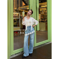 批发欧货蕾丝假两件阔腿牛仔裤裙女2026夏季高腰显瘦屁帘直筒<b class='q'>拖地</b>长裤