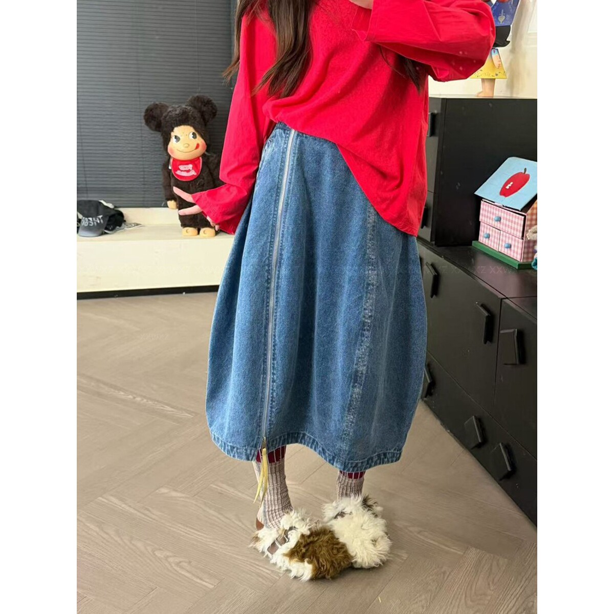 한국 동대문 이른 봄 새로운 한국 스타일 패션 캐주얼 다용도 둘 착용 꽃밭 지퍼 디자인 데님 풍선 치마