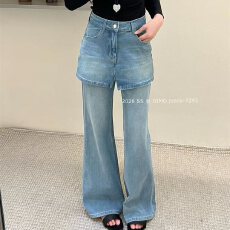 批发<b class='q'>欧洲站</b>正品假两件屁帘微喇<b class='q'>牛仔裤</b>女高腰显瘦四面弹小个子长裤7293