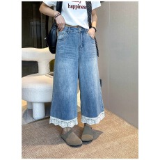 批发蕾丝拼接阔腿九分<b class='q'>牛仔裤</b>女<b class='q'>欧洲站</b>2026春夏新款欧货女装直筒裤子潮