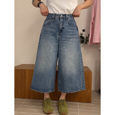 批发SAIER STUDIO牛仔<b class='q'>裤</b>女2026春季新款高级枪花洗水八分<b class='q'>裤</b>宽松阔腿<b class='q'>裤</b>