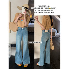 批发YOUMO春爆款延续微喇<b class='q'>裤</b>法式复古侧骨线显瘦百搭牛仔<b class='q'>裤</b>92827-18