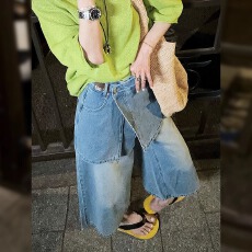 批发<b class='q'>欧洲站</b>2026夏季新款时尚不规则腰显瘦屁帘<b class='q'>牛仔裤</b>女显瘦八分阔腿裤