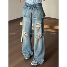 批发<b class='q'>欧洲站</b>2026春夏<b class='q'>新款</b> 设计师款小众复古甜酷辣腰封屁帘破洞牛仔裤