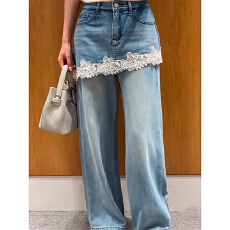 批发<b class='q'>欧洲站</b>2026春季<b class='q'>新款</b>高腰蕾丝花边百搭显瘦时尚假两件牛仔阔腿裤女