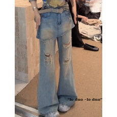 批发复古做旧破洞<b class='q'>牛仔裤</b>女新款今年流行的爆款巨好看高腰屁帘微喇裤子