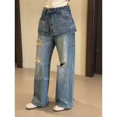 批发欧洲站2026春夏新款复古破洞拼接<b class='q'>直筒</b><b class='q'>牛仔裤</b>女小众时髦街头风长裤