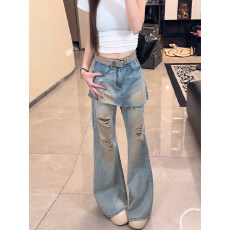 批发假两件屁帘破洞微喇<b class='q'>牛仔裤</b>女高腰显瘦复古做旧<b class='q'>直筒</b>阔腿拖地裙裤潮