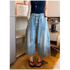 批发抽绳系带九分阔腿<b class='q'>牛仔裤</b>女<b class='q'>欧洲站</b>2026春装新款欧货女装直筒裤子潮