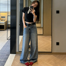 批发轻奢满钻阔腿裤女2026年春季新款水洗高腰<b class='q'>牛仔裤</b>女显瘦直筒长裤子