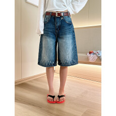 批发欧洲站2026春季新款<b class='q'>欧美</b>风红色腰带水洗磨白A字版复 古牛仔五分<b class='q'>裤</b>