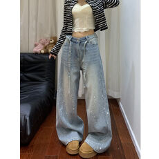 批发复古蓝色满天星带钻<b class='q'>牛仔裤</b>女春夏新款高腰设计感美式<b class='q'>烫钻</b>阔腿长裤
