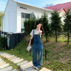 批发高腰<b class='q'>牛仔</b><b class='q'>背带裤</b><b class='q'>女</b>2026夏季新款宽松直筒长裤小个子减龄假两件裙裤