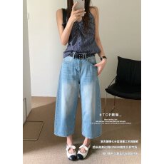 批发TOP欧制82589蓝色高腰阔腿七分<b class='q'>裤</b>女夏宽松显瘦牛仔<b class='q'>裤</b>显瘦<b class='q'>百搭</b>中<b class='q'>裤</b>