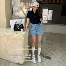 批发T.O.P工装牛仔短裤<b class='q'>女</b>2026年夏季新款高腰显瘦拼接A字裙裤TOP82586