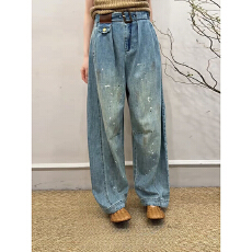 批发<b class='q'>欧洲站</b>2026春季<b class='q'>新款</b>时尚系带高腰显瘦阔腿裤油彩印花牛仔裤女6695