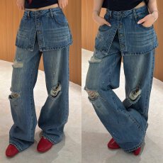 批发<b class='q'>欧洲站</b>2026春季<b class='q'>新款</b>复古美式街头风排扣屁帘拼接直筒破洞牛仔裤潮