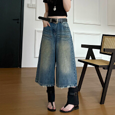 批发实拍~~水洗毛边<b class='q'>牛仔</b><b class='q'>短裤</b><b class='q'>女</b>2026夏季新款复古直筒通勤七分裤子潮