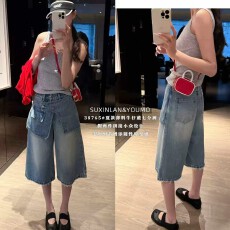 批发SUXINLAN素心兰38765假两件拼接阔腿牛仔裤<b class='q'>女</b>2026夏季宽松<b class='q'>七分裤</b>