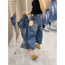 批发蓝色直筒破洞设计感牛仔裤女春季新款<b class='q'>大码</b>梨形身材宽松显瘦阔腿裤