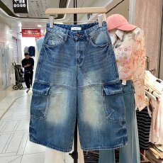 批发工装风七分阔腿牛仔裤<b class='q'>女</b>水洗多口袋宽松显瘦中裤