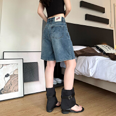 批发实拍~~复古<b class='q'>牛仔</b><b class='q'>短裤</b>女夏季薄款<b class='q'>高腰</b>直筒宽松小个子a字阔腿五分裤
