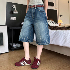批发实拍~~复古磨破阔腿<b class='q'>牛仔</b>中裤女2026夏季新款欧货女装<b class='q'>短裤</b>五分裤潮