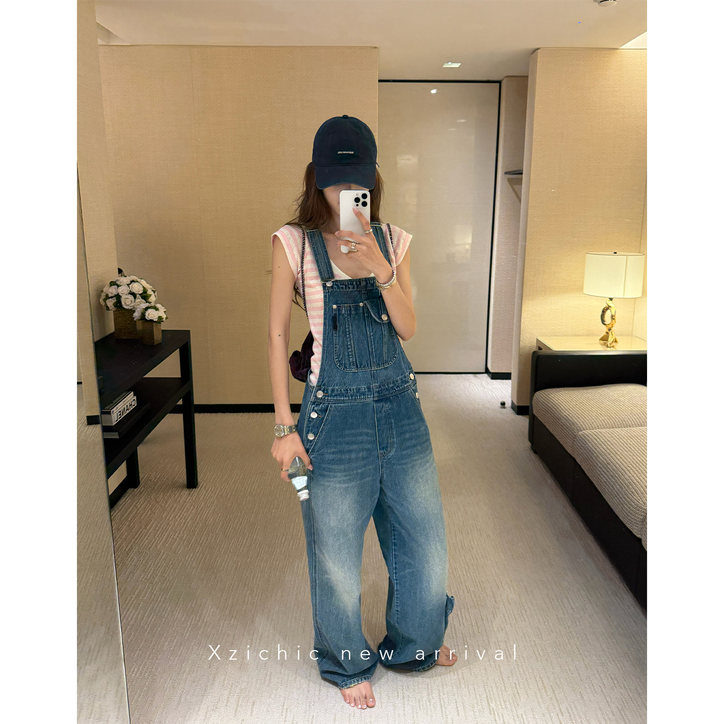 청춘 멜빵 바지 중 로우 웨이스트 넓은 다리 워크웨어 청바지 여성 봄 긴 바지